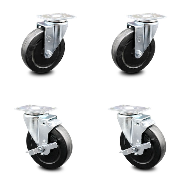 5 Inch Hard Rubber Wheel Swivel Top Plate Caster Set with 2 Brakes SCC
